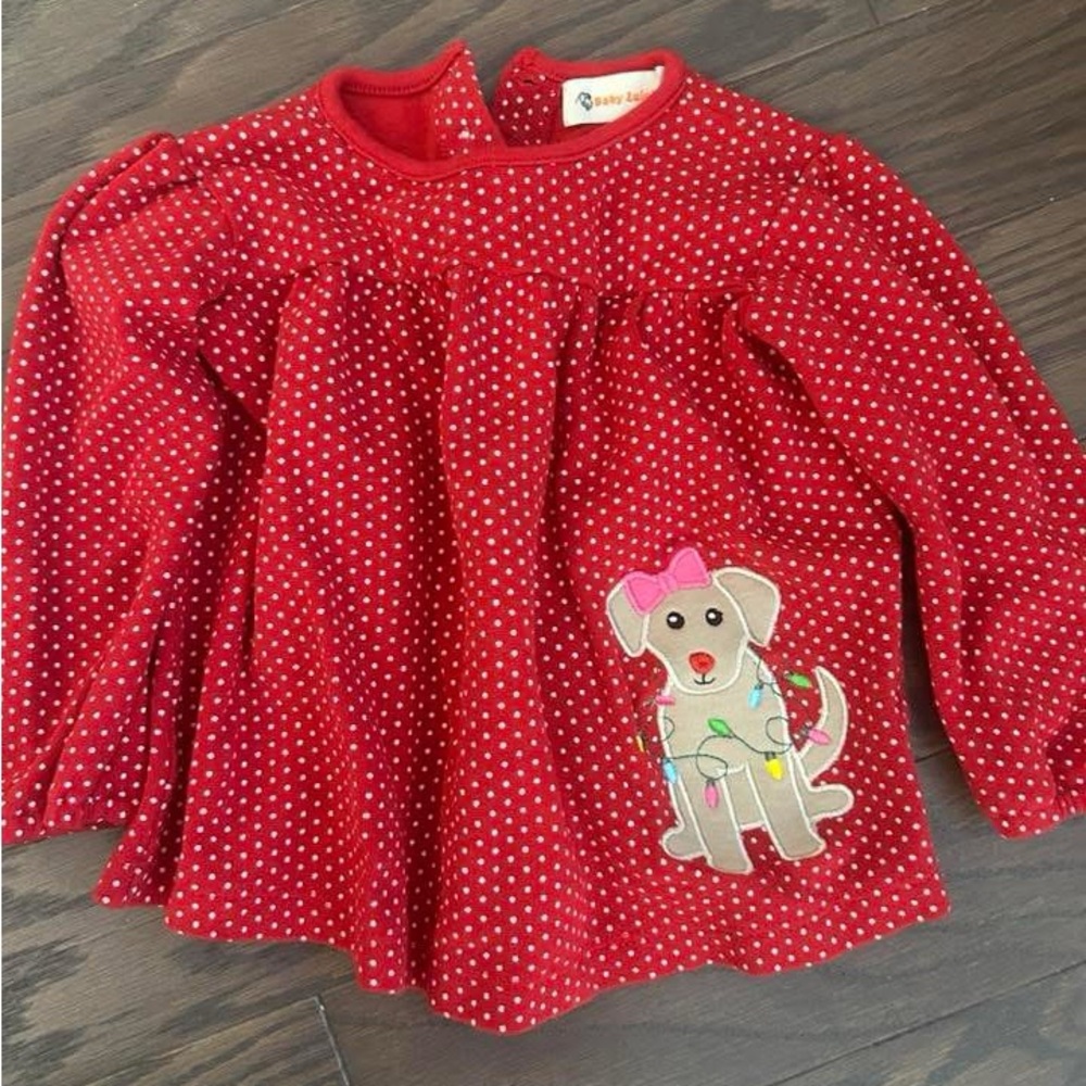 Adorable Red Polka Dot Long Sleeve with Dog Appliqué